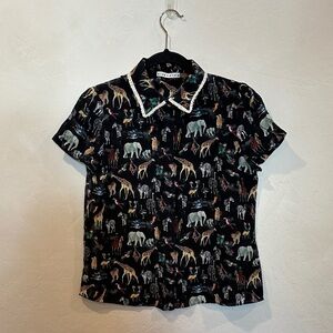 Alice + Olivia Black Multicolor Animal Print Silk Shirt